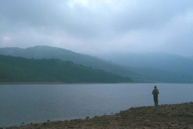 Lake fishing in the quietness and solitude.　Nozoriko Lake, Gunma Pref., Japan.